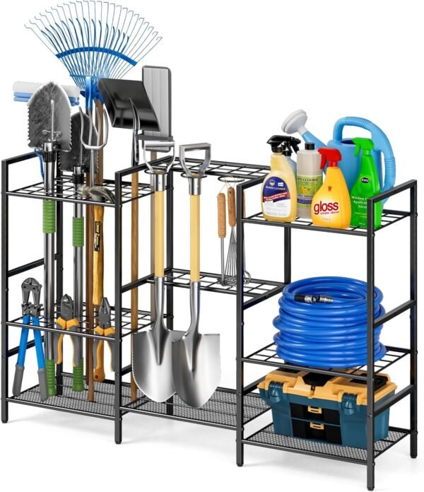 6-Tier Garden Tool Organizer for Outdoor Storage, Yard Tool Rack for Garage Organization and Storage, Holds 90 Long-Handled Tools, Sturdy Steel Tool Holder with 3 Hooks, 44.96"W x 11.89"D x 31"H"