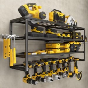YYR 4 Layer Power Tool Organizer Wall Mount, Cordless Drill Hanger Storage Rack, Battery Tools Holder with Charging Station Shelf for Garage Organization, Workshop, Pegboard, Shed - 32 Inch 8 Slots