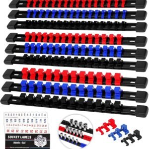 Socket Organizer Holder Tool Box: 9-Piece Socket Holders 1/4 X 48 Clips 3/8 X 45 Clips 1/2 X 36 Clips Socket Rail Heavy Duty Holder w Socket Labels Socket Organizer for Tool Box Drawer(Red&Blue&Black)