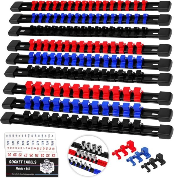 Socket Organizer Holder Tool Box: 9-Piece Socket Holders 1/4 X 48 Clips 3/8 X 45 Clips 1/2 X 36 Clips Socket Rail Heavy Duty Holder w Socket Labels Socket Organizer for Tool Box Drawer(Red&Blue&Black)