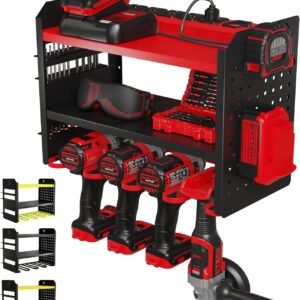 Power Tool Organizer Wall Mount - 3-Tier Heavy-Duty Metal Hand Tool Storage Rack, Utility Racks, Drill Holder, PegBoard Side, & More - Garage Storage Cordless Tool Organizer (Red)