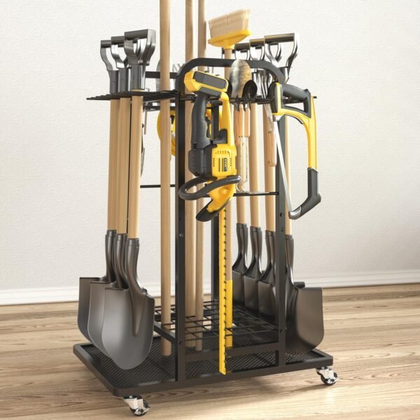 SOYEEZE Garden Tool Organizer,Yard Tool Holder for Garage with Wheels,Garden Tool Cart, Shed Organization Stand Rack with Hooks,Lawn Tool Storage for Long-Handled Shovel,Broom,Rake,Farm Tools