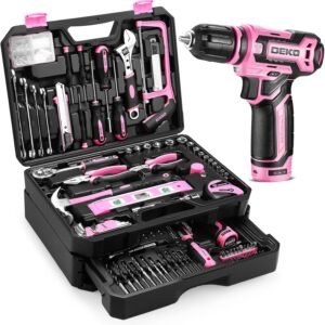 Pink Tool Kit Box Drill Set：DEKOPRO Home Mechanic Toolbox with 12V Power Cordless Drill Hand Repair Tools Sets Combo Kits Storage Organizer Drawer Case for Men & Women