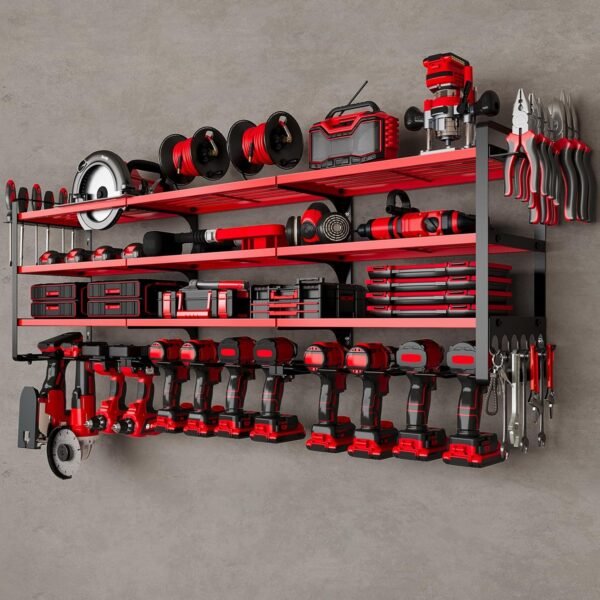 Large Power Tools Organizer Wall Mount,12 Drill Holder for Garage, Workshop Heavy Duty Storage Rack (Red)