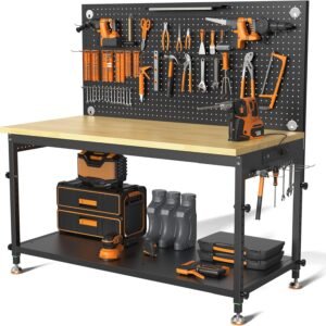 48" Heavy Duty Work Bench Adjustable Height Max Load 2000 LBS with Storage Shelf for Garage Workbench, Rubberwood Tabletop with Pegboard, LED Light, Built-in Power Strip for Woodworking Shop