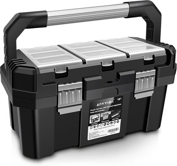 Anyyion 17-Inch Tool box with Removable Tray with Stainless Steel Dual Lock Secured,Small Parts Box, Metal Handle is Truly Rugged（17In）