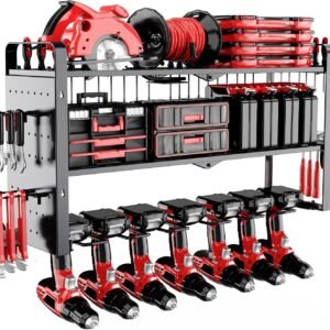 Power Tool Organizer Wall Mount - Pegboard with 7 Drill Holder - Heavy Duty Metal Tool Shelf for Garage Organization