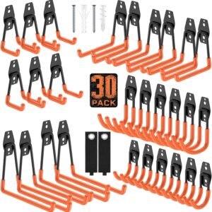30 Pack Utility Steel Wall Mount Heavy Duty Garage Hooks with Anti-Slip Coating,Storage More Yard,Garden and Power Tools and for Hanging Hose,Ladder and Bike