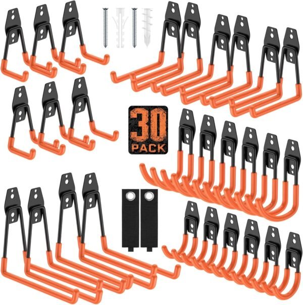 30 Pack Utility Steel Wall Mount Heavy Duty Garage Hooks with Anti-Slip Coating,Storage More Yard,Garden and Power Tools and for Hanging Hose,Ladder and Bike