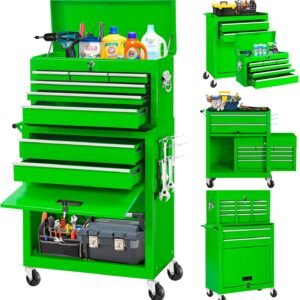 INTERGREAT Rolling Tool Chest, Assembled 8-Drawers Tool Box Organizer with Lockable Wheels, Detachable Top Metal Tool Box, Tool Cabinet for Repair Room,Warehouse,Tool Box with Hooks,Liners(Green)