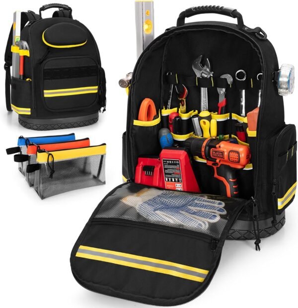 Tool Backpack with Hard Bottom and 3 Pouches, Heavy Duty Tool Organizer Bag for Men Electrician, Construction, Black