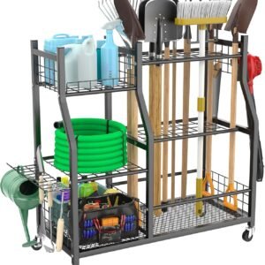 Garden Tool Organizer with Wheels for Garage, Large Storage Capacity, Rakes/Shovels/Yard Tools Storage Stand for Shed, Garden, Indoor/Outdoor Long-Handled Tools Rolling Cart