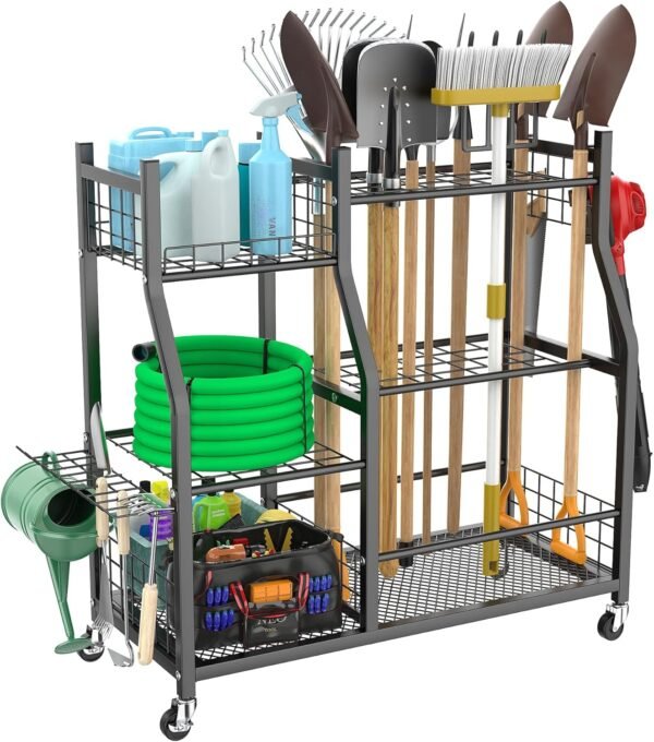 Garden Tool Organizer with Wheels for Garage, Large Storage Capacity, Rakes/Shovels/Yard Tools Storage Stand for Shed, Garden, Indoor/Outdoor Long-Handled Tools Rolling Cart