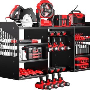 Upgrade Large Power Tool Organizer Wall Mount, Cordless Tool Storage Rack with 8 Drill Holder, 4 Layer Heavy Duty Metal Loads 400lbs Battery Utility Shelve for Garage and Workbench