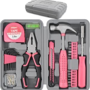 Hi-Spec Tool Set 25pc Pink Household DIY Tool Kit for Women. Small Mini Tool Box Set of Starter Basic Ladies Tools