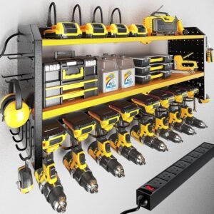 KAFAHOM Power Tool Organizer with Charging Station, Built in 8 Outlet Power Strip,Large 8 Drill Holder Wall Mount, Heavy Duty Metal Power Tool Storage Rack Tool Shelf for Garage Organization Yellow