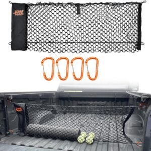 Truck Bed Cargo Net - Upgraded 5mm Bungee - USA Company - 4 Carabiners - Mesh Pouch Style Organizer for Groceries, Bags, Tools, Boxes, Accessories - 18" x 50"