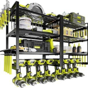 KAFAHOM Power Tool Organizer, 8 Drill Holder Wall Mount, 4 Layers Garage Tool Organizers and Storage Rack, Tool Shelf with Screwdriver/Plier/Hammer Holder